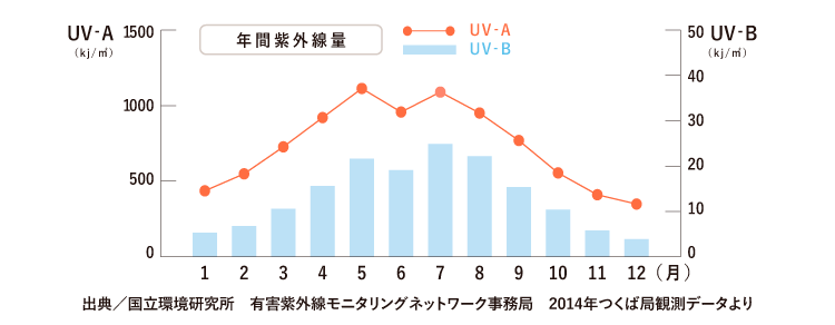 グラフ　出典／国立環境研究所　有害紫外線モニタリングネットワーク事務局　2014年つくば局観測データより