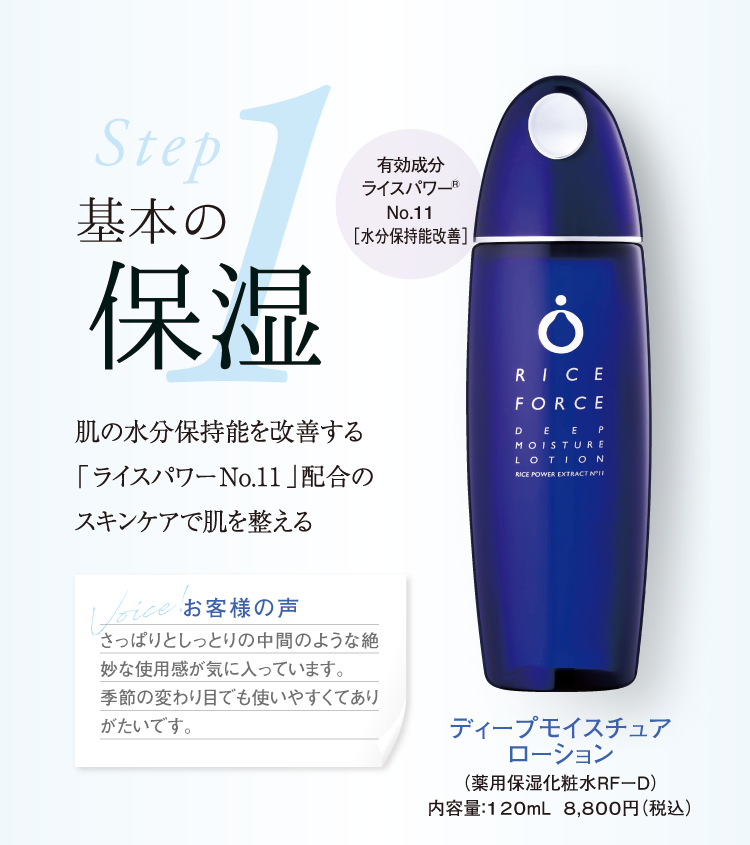 STEP1.基本の保湿 肌の水分保持能を改善する 「ライスパワー No.11」配合のスキンケアで肌を整える ディープモイスチュアローション（薬用保湿化粧水ＲＦーD）内容量：120mL  8,800円（税込）