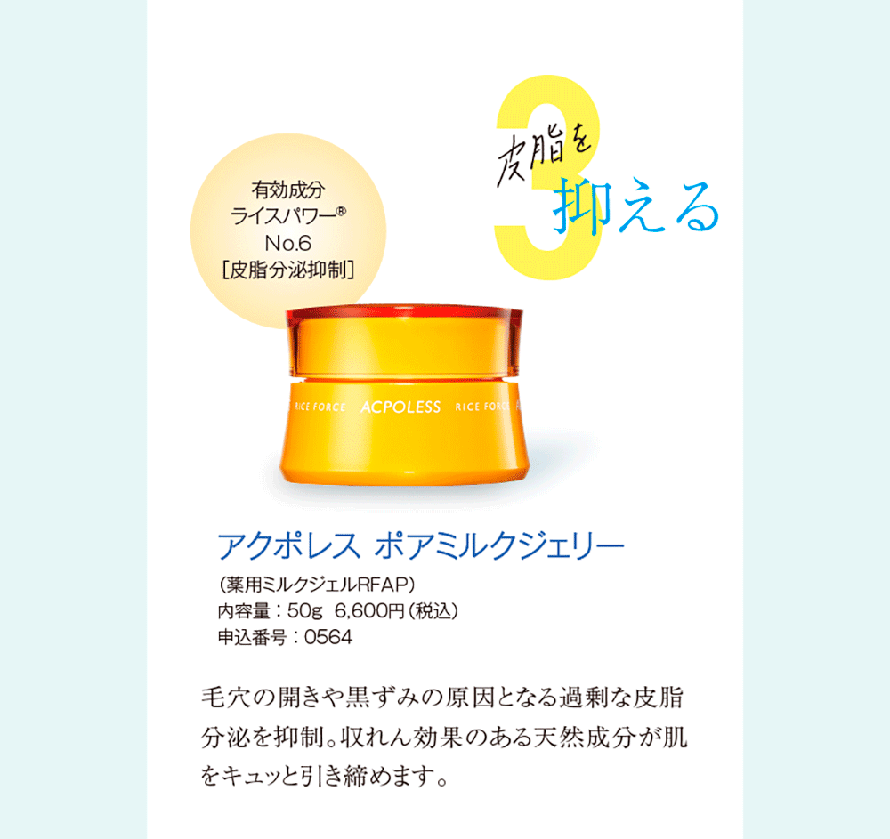 3.皮脂を抑える アクポレス ポアミルクジェリー（薬用ミルクジェルＲＦＡＰ）内容量 ： 50g  6,600円（税込）申込番号 ： 0564