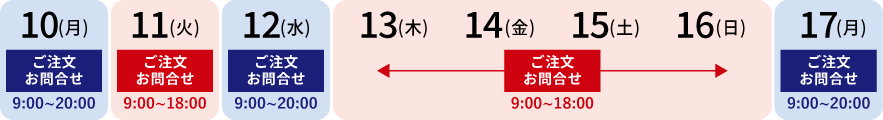 8月13日(木)～15日(土)営業時間変更 ご注文・お問合せ9:00～18:00