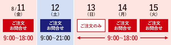 2023年8/11(金)・14(月)〜15(火)ご注文・お問合せ9:00〜18:00 2023年8/13(日)ご注文のみ9:00〜18:00