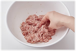 肉ダネを作る。ひき肉に　の調味料を入れてしっかり練り混ぜたら、1の玉ねぎを加えて混ぜる。