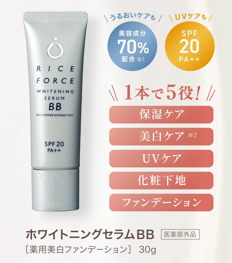 
					美容成分70%配合※1、SPF20 PA++
					１本で５役!
					保湿ケア、美白ケア※2、UVケア、化粧下地、ファンデーション
					ホワイトニングセラムＢＢ 医薬部外品
					［薬用美白ファンデーション］30g
				