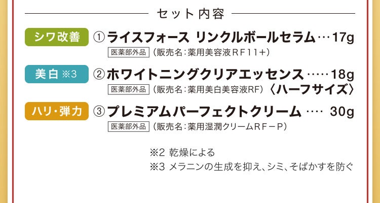 
					セット内容
					シワ改善：①ライスフォース リンクルボールセラム 医薬部外品 （販売名：薬用美容液ＲＦ１１＋） 17g
					美白※3：②ホワイトニングクリアエッセンス 医薬部外品 （販売名：薬用美白美容液RF）〈ハーフサイズ〉 18g
					ハリ・弾力：③プレミアムパーフェクトクリーム 医薬部外品 （販売名：薬用湿潤クリームＲＦ－Ｐ） 30g
					※2 乾燥による
					※3 メラニンの生成を抑え、シミ、そばかすを防ぐ
				