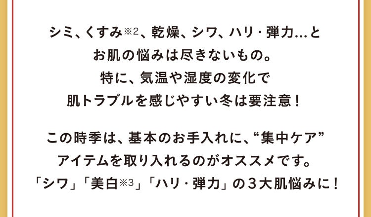 シミ、くすみ※2、乾燥、シワ、ハリ・弾力...とお肌の悩みは尽きないもの。特に、気温や湿度の変化で肌トラブルを感じやすい冬は要注意！この時季は、基本のお手入れに、“集中ケア”アイテムを取り入れるのがオススメです。「シワ」「美白※3」「ハリ・弾力」の３大肌悩みに！