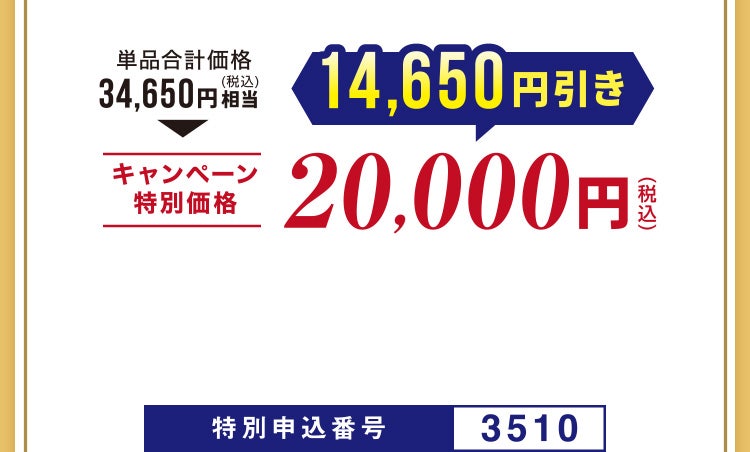 
								単品合計価格34,650円（税込）相当▶キャンペーン特別価格 14,650円引き 20,000円（税込）
								特別申込番号3510
							