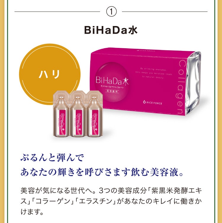 
							①BiHaDa水
							ぷるんと弾んであなたの輝きを呼びさます飲む美容液。
							美容が気になる世代へ。3つの美容成分「紫黒米発酵エキス」「コラーゲン」「エラスチン」があなたのキレイに働きかけます。
						