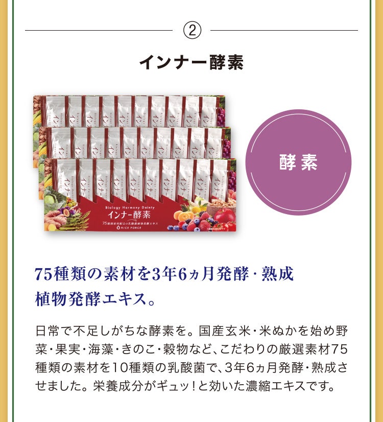 
							②インナー酵素
							75種類の素材を3年6ヵ月発酵・熟成植物発酵エキス。
							日常で不足しがちな酵素を。国産玄米・米ぬかを始め野菜・果実・海藻・きのこ・穀物など、こだわりの厳選素材75種類の素材を10種類の乳酸菌で、3年6ヵ月発酵・熟成させました。栄養成分がギュッ！と効いた濃縮エキスです。
						