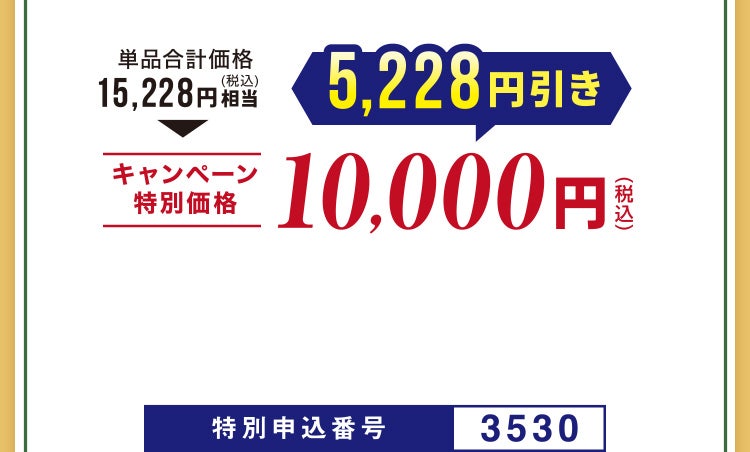 
								単品合計価格15,228円（税込）相当▶キャンペーン特別価格 5,228円引き 10,000円（税込）
								特別申込番号3530
							