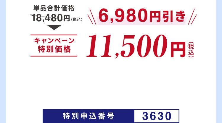 
							単品合計価格18,480円（税込）のところキャンペーン特別価格11,500円（税込）＜6,980円引き＞
							特別申込番号3630
						