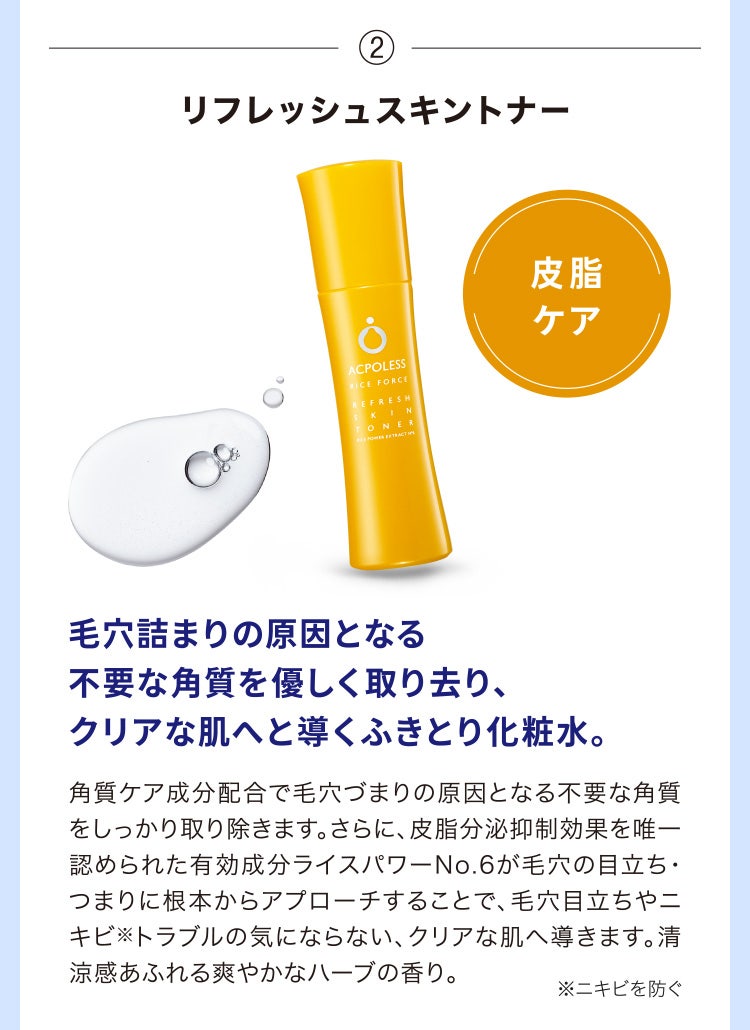 
								②リフレッシュスキントナー
								毛穴詰まりの原因となる不要な角質を優しく取り去り、クリアな肌へと導くふきとり化粧水。
								角質ケア成分配合で毛穴づまりの原因となる不要な角質をしっかり取り除きます。さらに、皮脂分泌抑制効果を唯一認められた有効成分ライスパワーNo.6が毛穴の目立ち・つまりに根本からアプローチすることで、毛穴目立ちやニキビ※トラブルの気にならない、クリアな肌へ導きます。清涼感あふれる爽やかなハーブの香り。
								※ニキビを防ぐ
							