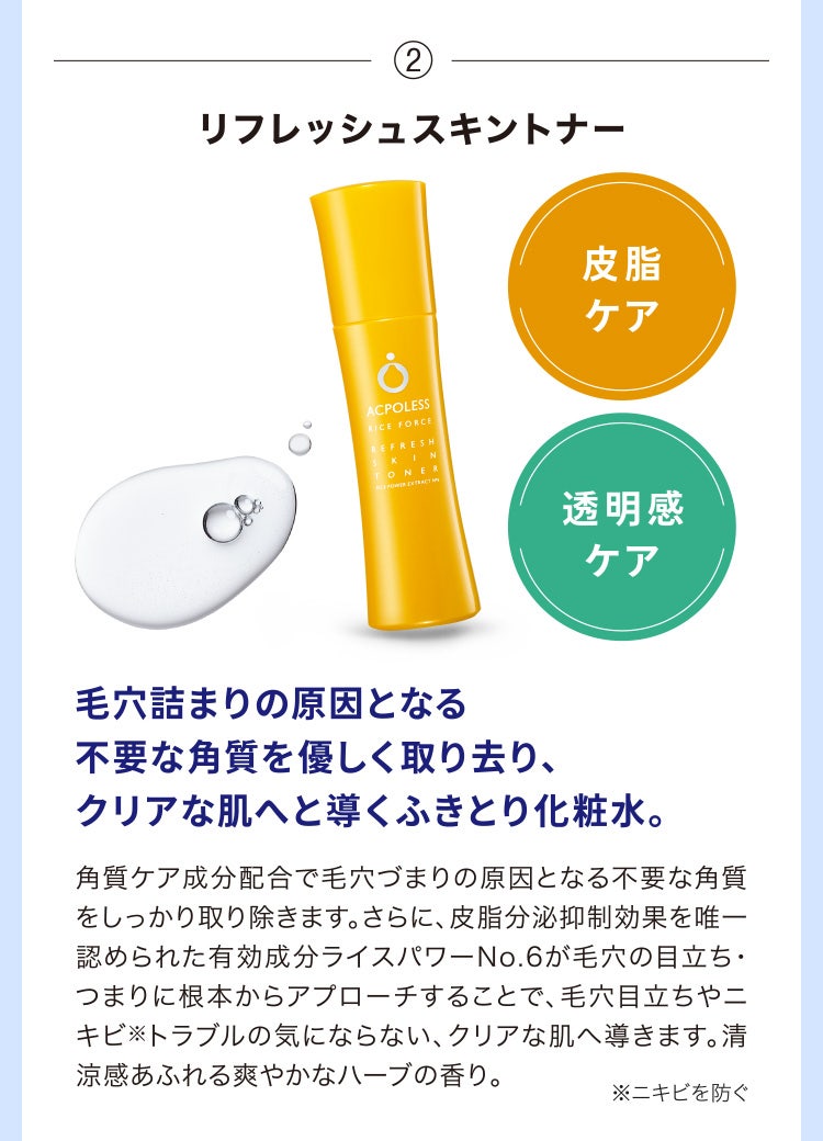 
								②リフレッシュスキントナー
								毛穴詰まりの原因となる不要な角質を優しく取り去り、クリアな肌へと導くふきとり化粧水。
								角質ケア成分配合で毛穴づまりの原因となる不要な角質をしっかり取り除きます。さらに、皮脂分泌抑制効果を唯一認められた有効成分ライスパワーNo.6が毛穴の目立ち・つまりに根本からアプローチすることで、毛穴目立ちやニキビ※トラブルの気にならない、クリアな肌へ導きます。清涼感あふれる爽やかなハーブの香り。
								※ニキビを防ぐ
							
