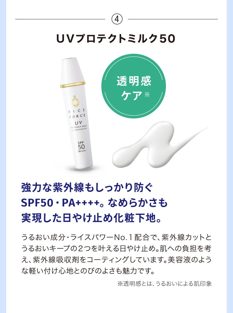 
								④UVプロテクトミルク５０
								強力な紫外線もしっかり防ぐSPF50・PA++++。なめらかさも実現した日やけ止め化粧下地。
								うるおい成分・ライスパワーNo.１配合で、紫外線カットとうるおいキープの２つを叶える日やけ止め。肌への負担を考え、紫外線吸収剤をコーティングしています。美容液のような軽い付け心地とのびのよさも魅力です。
								※透明感とは、うるおいによる肌印象
							