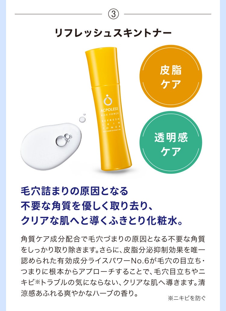 
								③リフレッシュスキントナー
								毛穴詰まりの原因となる不要な角質を優しく取り去り、クリアな肌へと導くふきとり化粧水。
								角質ケア成分配合で毛穴づまりの原因となる不要な角質をしっかり取り除きます。さらに、皮脂分泌抑制効果を唯一認められた有効成分ライスパワーNo.6が毛穴の目立ち・つまりに根本からアプローチすることで、毛穴目立ちやニキビ※トラブルの気にならない、クリアな肌へ導きます。清涼感あふれる爽やかなハーブの香り。
								※ニキビを防ぐ
							
