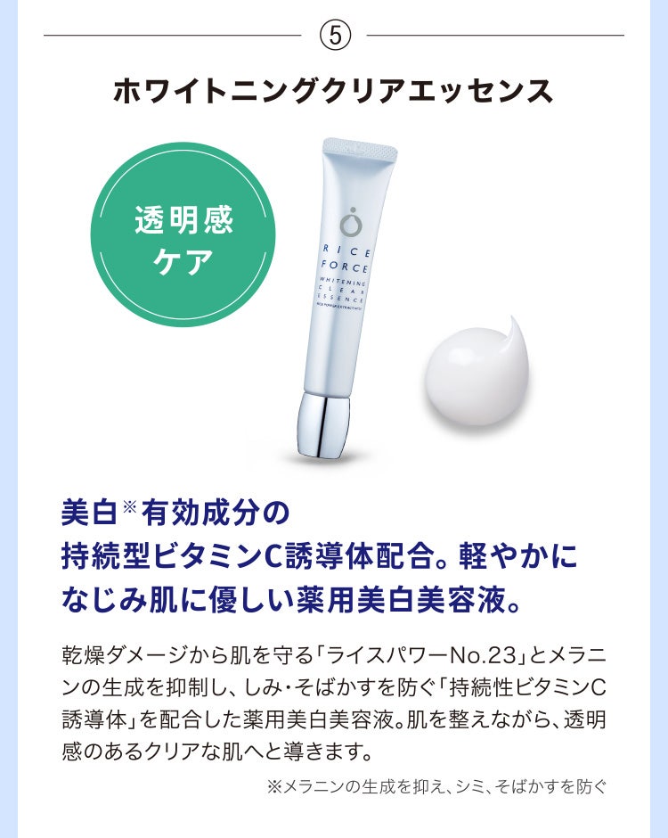 
								⑤ホワイトニングクリアエッセンス
								美白※有効成分の持続型ビタミンC誘導体配合。軽やかになじみ肌に優しい薬用美白美容液。
								乾燥ダメージから肌を守る「ライスパワーNo.23」とメラニンの生成を抑制し、しみ・そばかすを防ぐ「持続性ビタミンC誘導体」を配合した薬用美白美容液。肌を整えながら、透明感のあるクリアな肌へと導きます。
								※メラニンの生成を抑え、シミ、そばかすを防ぐ
							