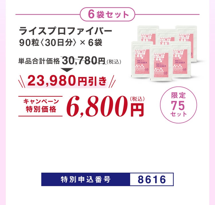 
							6袋セット
							ライスプロファイバー90粒〈30日分〉×6袋
							単品合計価格30,780円（税込）のところキャンペーン特別価格6,800円（税込）＜23,980円引き＞
							限定75セット
							特別申込番号8616
						