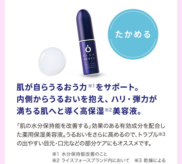 
								肌が自らうるおう力※1をサポート。内側からうるおいを抱え、ハリ・弾力が満ちる肌へと導く高保湿※2美容液。
								「肌の水分保持能を改善する」効果のある有効成分を配合した薬用保湿美容液。うるおいをさらに高めるので、トラブル※3の出やすい目元・口元などの部分ケアにもオススメです。
								※1 水分保持能改善のこと
								※2 ライスフォースブランド内において　※3 乾燥による
							