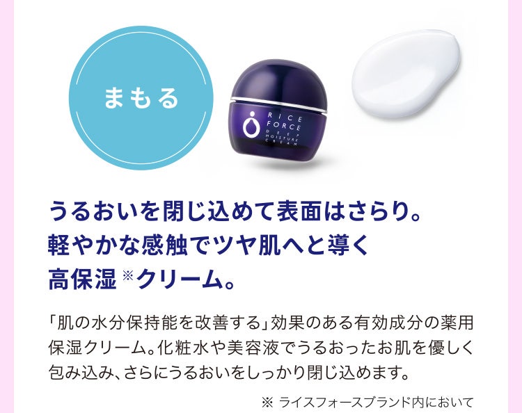 
								うるおいを閉じ込めて表面はさらり。軽やかな感触でツヤ肌へと導く高保湿※クリーム。
								「肌の水分保持能を改善する」効果のある有効成分の薬用保湿クリーム。化粧水や美容液でうるおったお肌を優しく包み込み、さらにうるおいをしっかり閉じ込めます。
								※ ライスフォースブランド内において
							