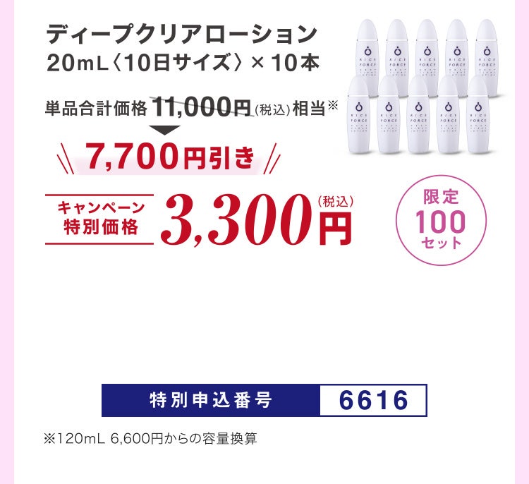 
							ディープクリアローション20mL〈10日サイズ〉×10本
							単品合計価格11,000円（税込）相当※のところキャンペーン特別価格3,300円（税込）＜7,700円引き＞
							限定100セット
							特別申込番号6616
							※120ｍL 6,600円からの容量換算
						