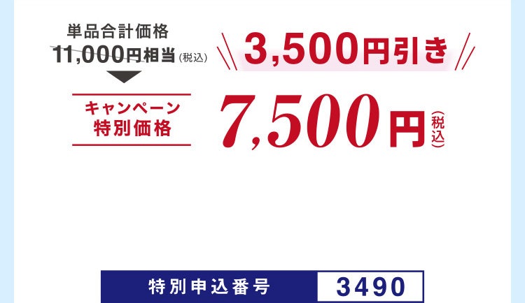 単品合計価格11,000円相当(税込)のところキャンペーン特別価格7,500円(税込)<3,500円引き> 特別申込番号3490