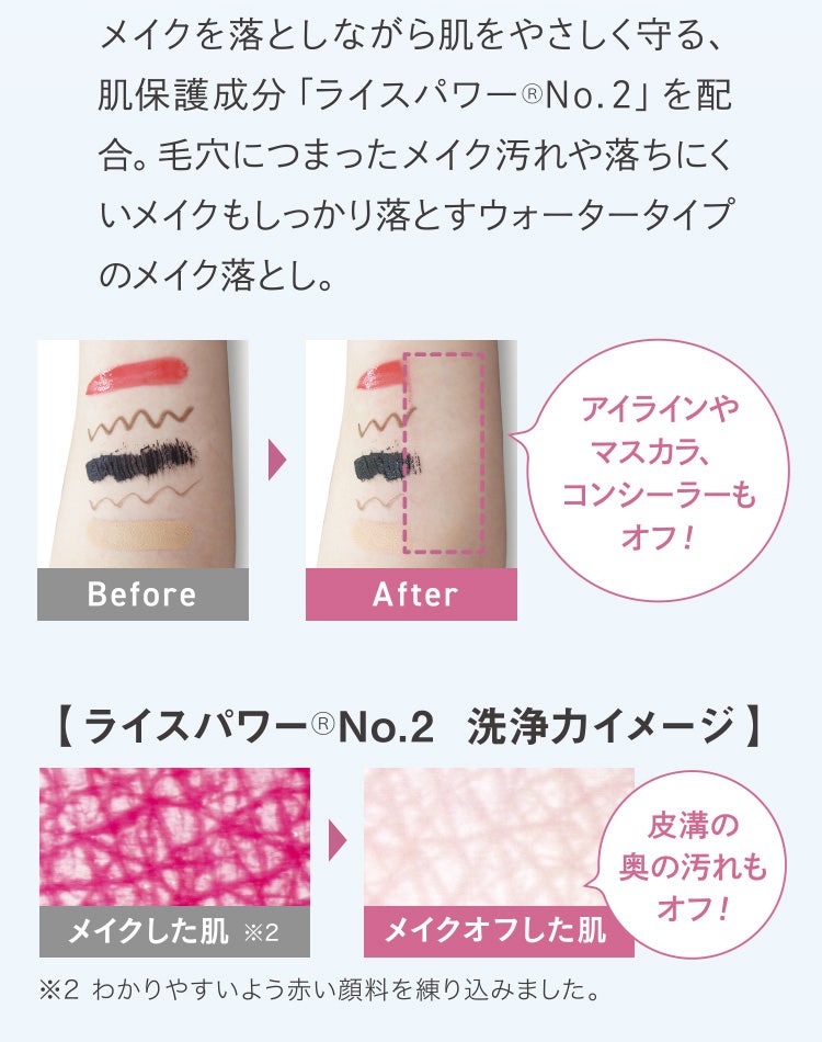 メイクを落としながら肌をやさしく守る、肌保護成分「ライスパワーⓇNo.2」を配合。毛穴につまったメイク汚れや落ちにくいメイクもしっかり落とすウォータータイプのメイク落とし。