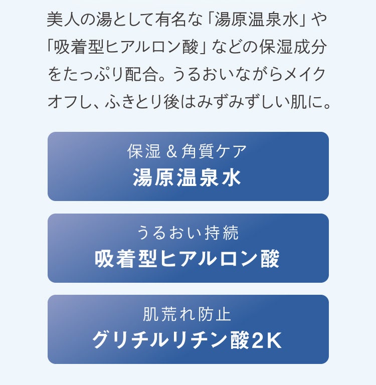 美人の湯として有名な「湯原温泉水」や「吸着型ヒアルロン酸」などの保湿成分をたっぷり配合。うるおいながらメイクオフし、ふきとり後はみずみずしい肌に。
保湿&角質ケア 湯原温泉水
うるおい持続 吸着型ヒアルロン酸
肌荒れ防止 グリチルリチン酸2K
