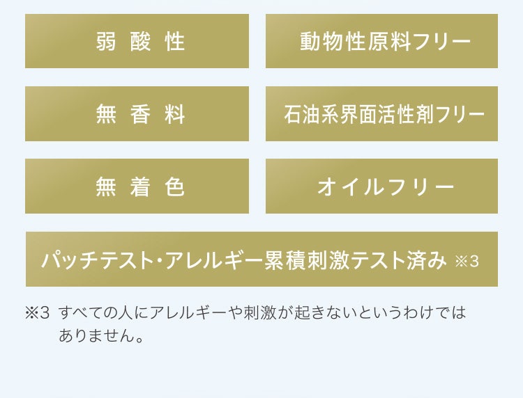 弱酸性/動物性原料フリー/無香料/石油系界面活性剤フリー/無着色/オイルフリー/パッチテスト・アレルギー累積刺激テスト済み※3 ※3すべての人にアレルギーや刺激が起きないというわけではありません。