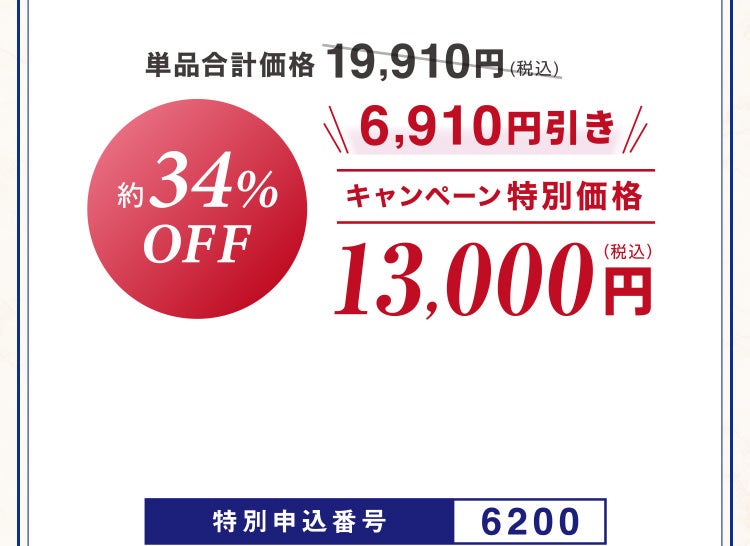 単品合計価格19,910円相当(税込)のところキャンペーン特別価格13,000円(税込)<6,910円引き> 約34%OFF 特別申込番号6200