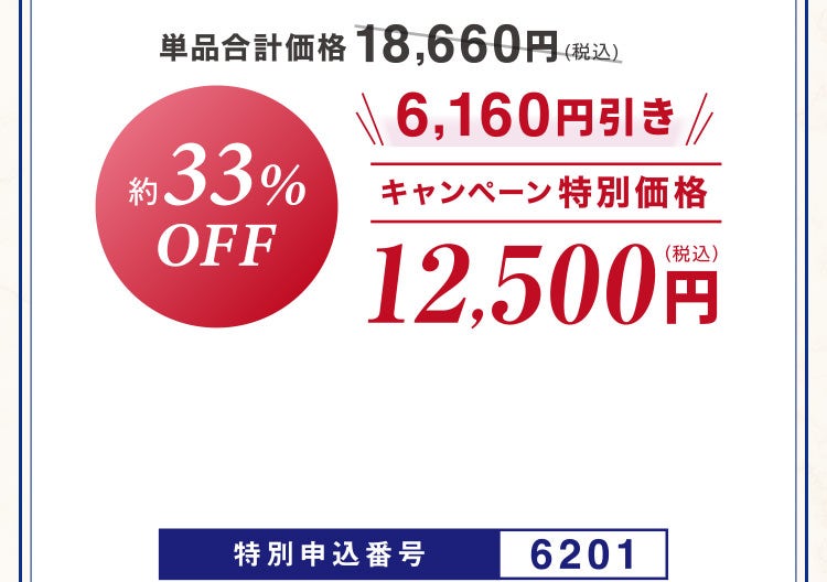 単品合計価格18,660円相当(税込)のところキャンペーン特別価格12,500円(税込)<6,610円引き> 約33%OFF 特別申込番号6201
