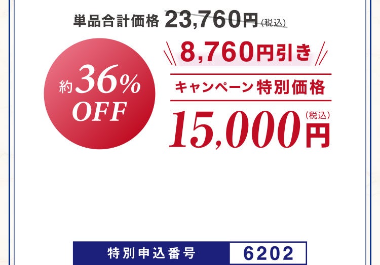 単品合計価格23,760円相当(税込)のところキャンペーン特別価格15,000円(税込)<8,760円引き> 約36%OFF 特別申込番号6202