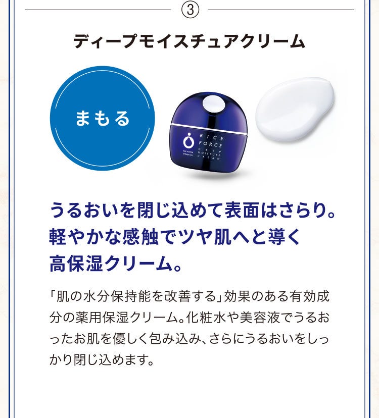 ③ディープモイスチュアクリーム うるおいを閉じ込めて表面はさらり。軽やかな感触でツヤ肌へと導く高保湿クリーム。「肌の水分保持能を改善する」効果のある有効成分の薬用保湿クリーム。化粧水や美容液でうるおったお肌を優しく包み込み、さらにうるおいをしっかり閉じ込めます。