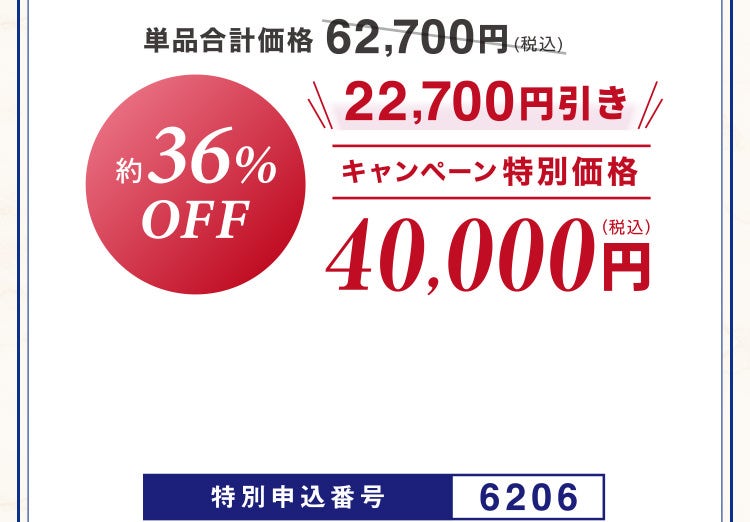 単品合計価格62,700円相当(税込)のところキャンペーン特別価格40,000円（税込）＜22,700円引き＞ 約36%OFF 特別申込番号6206