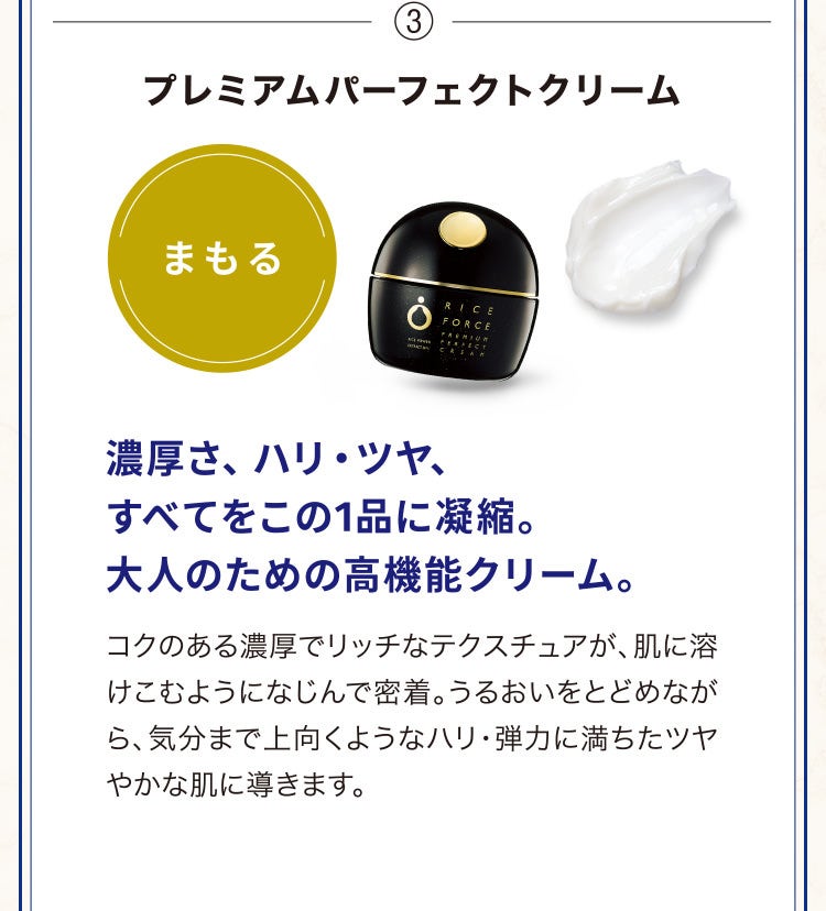 ③プレミアムパーフェクトクリーム 濃厚さ、ハリ・ツヤ、すべてをこの1品に凝縮。大人のための高機能クリーム。コクのある濃厚でリッチなテクスチュアが、肌に溶けこむようになじんで密着。うるおいをとどめながら、気分まで上向くようなハリ・弾力に満ちたツヤやかな肌に導きます。