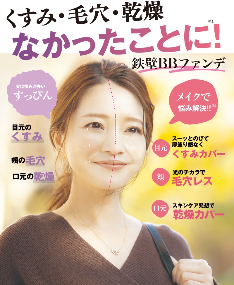 くすみ・毛穴・乾燥 なかったことに!※1 鉄壁BBファンデ 実は悩みが多いすっぴん 目元のくすみ 頬の毛穴 口元の乾燥 メイクで悩み解決!! 目元 スーッとのびて厚塗り感なくくすみカバー 頬 光りのチカラで毛穴レス 口元 スキンケア発想で乾燥カバー