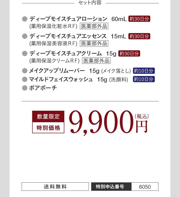 セット内容 ディープモイスチュアローション 60mL 約30日分 （薬用保湿化粧水RF） 医薬部外品 ディープモイスチュアエッセンス 15mL 約30日分 （薬用保湿美容液RF） 医薬部外品 ディープモイスチュアクリーム 15g 約30日分 （薬用保湿クリームRF） 医薬部外品 メイクアップリムーバー 15g （メイク落とし） 約10日分 マイルドフェイスウォッシュ 15g （洗顔料） 約10日分 ボアポーチ 数量限定 特別価格 9,900円 （税込） 送料無料 特別申込番号 6050
