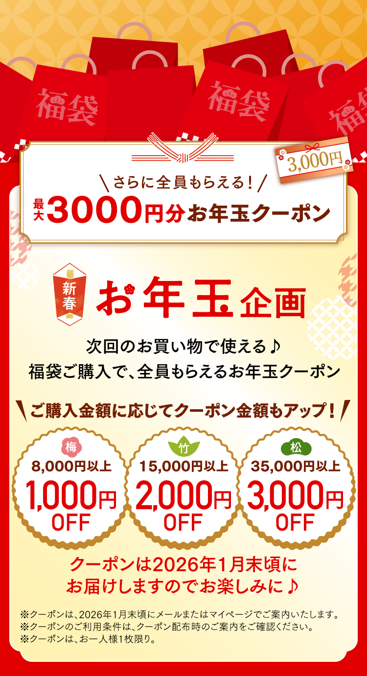 新春お年玉企画　次回のお買い物で使える♪福袋ご購入で、全員もらえるお年玉クーポン
