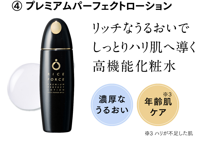 ④ プレミアムパーフェクトローション リッチなうるおいでしっとりハリ肌へ導く高機能化粧水