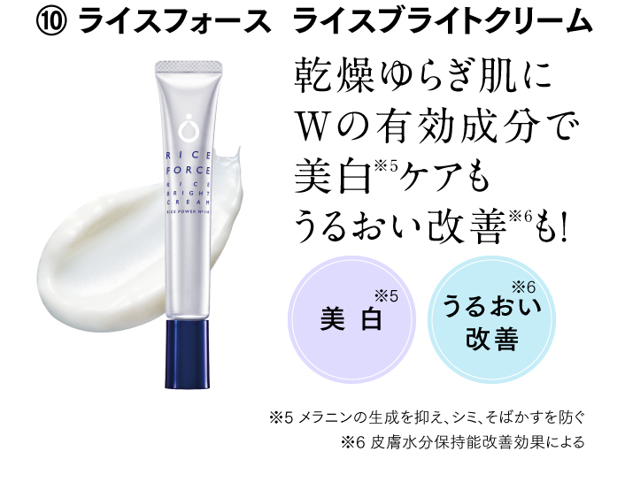 ⑩ ライスフォース  ライスブライトクリーム 乾燥ゆらぎ肌にWの有効成分で美白ケア※5もうるおい改善※6も！