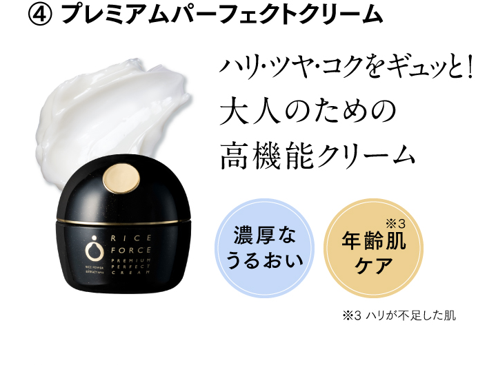 ④ プレミアムパーフェクトクリーム ハリ・ツヤ・コクをギュッと！大人のための高機能クリーム