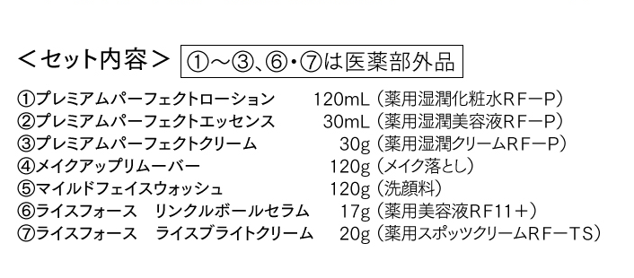＜セット内容＞①プレミアムパーフェクトローション②プレミアムパーフェクトエッセンス③プレミアムパーフェクトクリーム	④メイクアップリムーバー⑤マイルドフェイスウォッシュ⑥ライスフォース　リンクルボールセラム