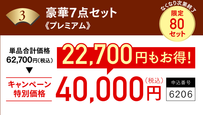 単品合計価格62,700円（税込）　キャンペーン特別価格40,000円（税込）　22,700円もお得！