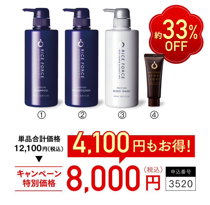 約33%OFF　単品合計価格12,100円（税込）　キャンペーン特別価格8,000円（税込）　4,100円もお得！