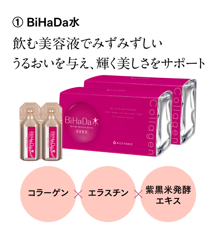 ① BiHaDa水 飲む美容液でみずみずしいうるおいを与え、輝く美しさをサポート