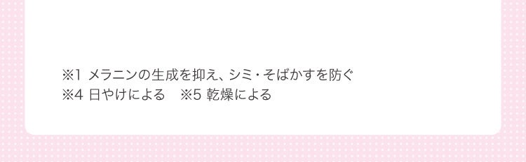※1 メラニンの生成を抑え、シミ・そばかすを防ぐ ※4 日やけによる ※5 乾燥による