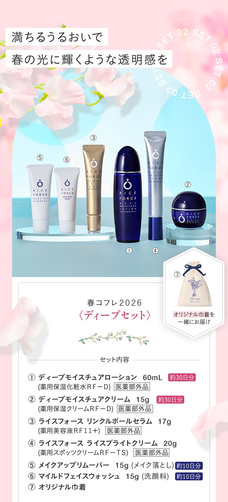 春コフレ2026 ディープセット セット内容 ディープモイスチュアローション 60mL 約30日分 医薬部外品　ディープモイスチュアクリーム 15g 約30日分 医薬部外品　ライスフォース リンクルボールセラム 17g 医薬部外品　ライスフォース ライスブライトクリーム 20g 医薬部外品　メイクアップリムーバー 15g 約10日分 マイルドフェイスウォッシュ15g 約10日分　オリジナル巾着