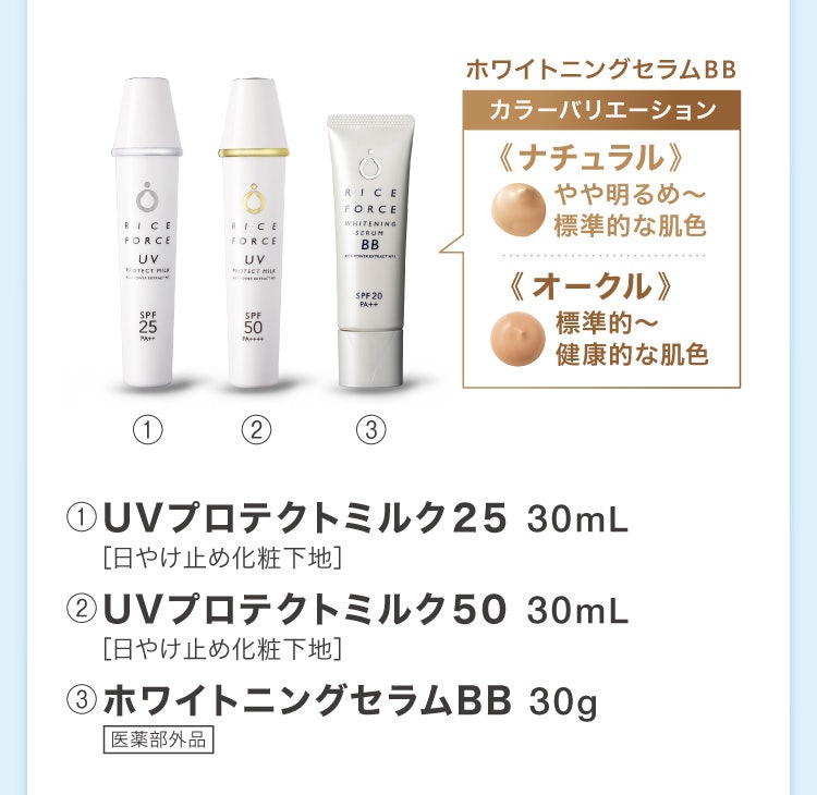 ホワイトニングセラムBB カラーバリエーション《ナチュラル》《オークル》①UVプロテクトミルク２５ 30mL［日やけ止め化粧下地］ ②UVプロテクトミルク５０ 30mL［日やけ止め化粧下地］ ③ホワイトニングセラムBB 30g 医薬部外品