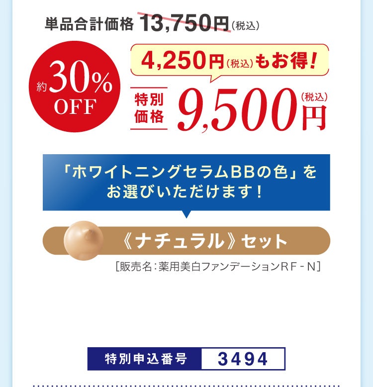 単品合計価格13,750円(税込)のところ約30%OFF 特別価格9,500円（税込）特別申込番号3494 4,250円（税込）もお得！「ホワイトニングセラムBBの色」をお選びいただけます！《ナチュラル》セット［販売名：薬用美白ファンデーションＲＦ‐Ｎ］