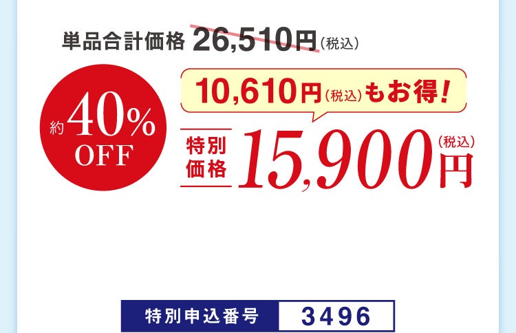 単品合計価格26,510円(税込)のところ約40%OFF 特別価格15,900円（税込）特別申込番号3496 10,610円（税込）もお得！