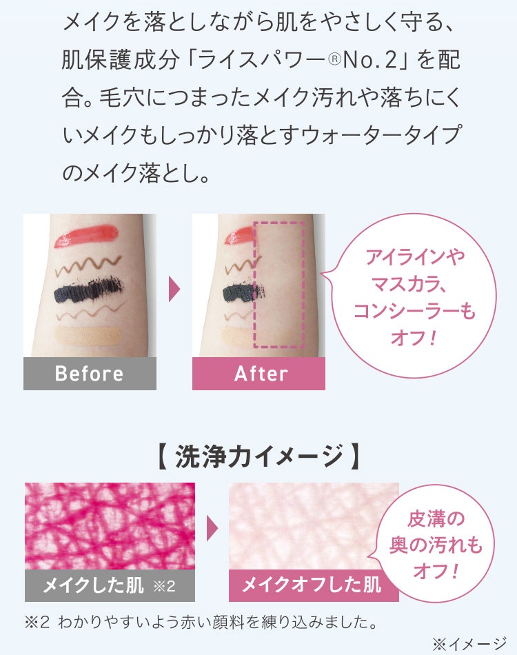 メイクを落としながら肌をやさしく守る、肌保護成分「ライスパワーⓇNo.２」を配合。毛穴につまったメイク汚れや落ちにくいメイクもしっかり落とすウォータータイプのメイク落とし。