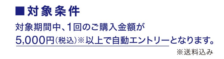対象条件:対象期間中、1回のご購入金額が5,000円(税込)※以上で自動エントリーとなります。※送料込み